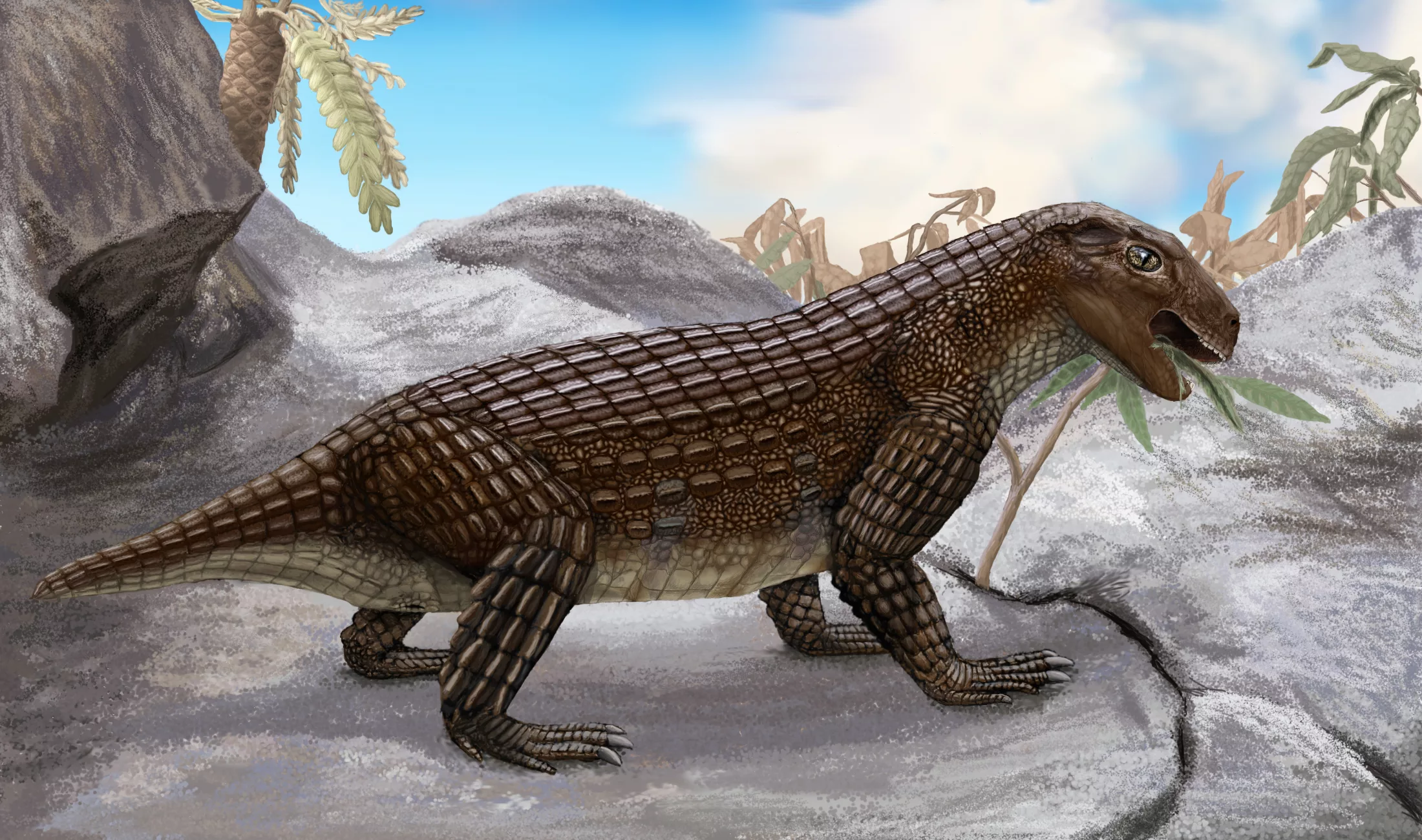 На рисунке изображен майаспондил вымершая рептилия. Древний крокодил дейнозух. Вымершие крокодиломорфы. Simosuchus clarki. Крокодиломорфы мезозоя.