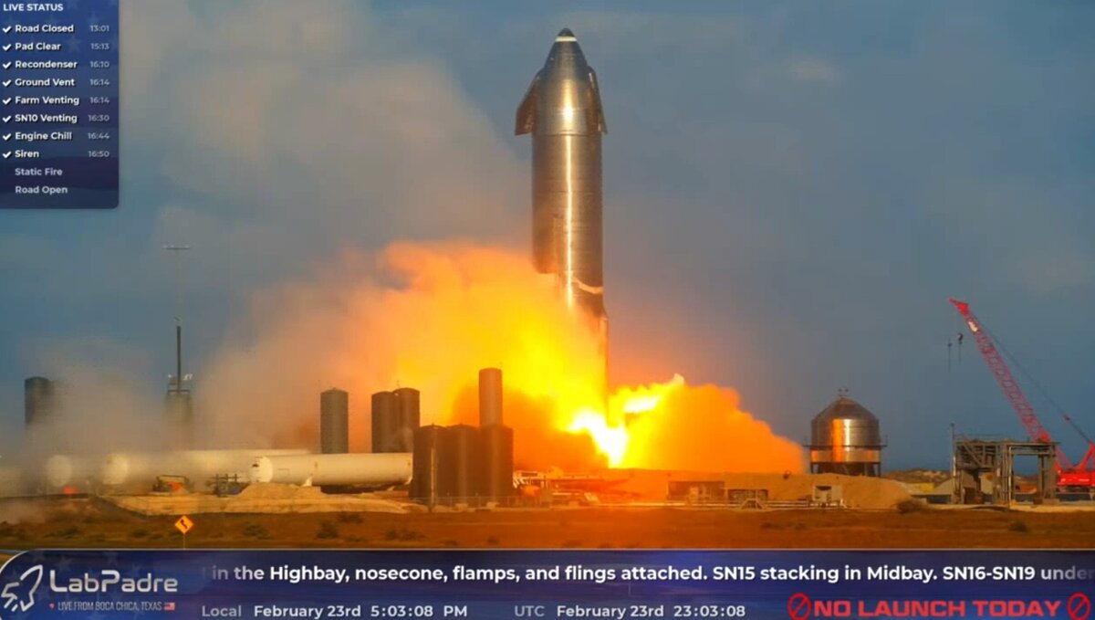  Первое огневое испытание прототипа SN10 23 февраля 2021 года, кадр из видео LabPadre 