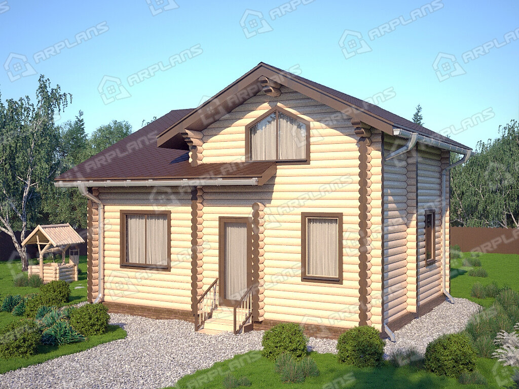 Фото 2 деревянного двухэтажного дома из бревна с мансардой и 3 спальнями. Общая площадь 108 кв м. Источник arplans.ru Проект ДО-060