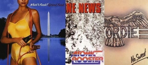 Последние альбоиы 1983 года рок-групп Grand Funk Railroad, Atomic Rooster и Geordie - «What's Funk?», «Headline News» и «No Sweat»