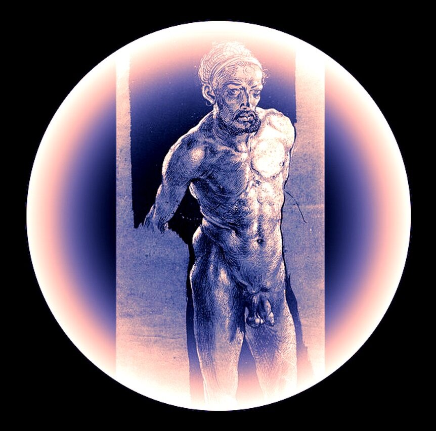 авторская фотоинсталляция - рисунок Альбрехта Дюрера "Автопортрет обнаженным" между 1500 и 1512 годами. В настоящее время хранится в музее Веймарского замка.