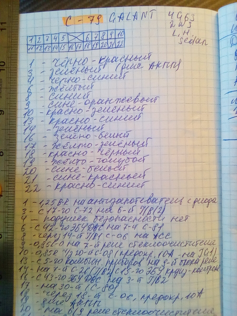 Колодка с описанием пинов и цветами проводов