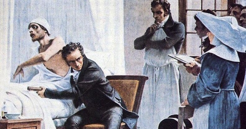 Рене Лаэннек прослушивает больного туберкулезом, 1816 год, сравнивая прямой и инструментальный методы аускультации. Настенное панно Теобальда Шартрана в здании Сорбонны, 1889 год.
