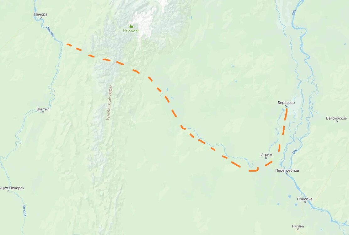 Примерный маршрут перехода отряда Кислицына через Урал