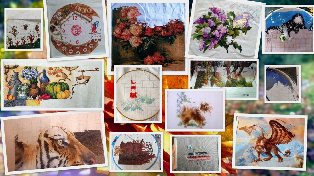 Вышивальщицы яндекс-дзена. Коллаж общих вышитых работ. Продвижения за неделю