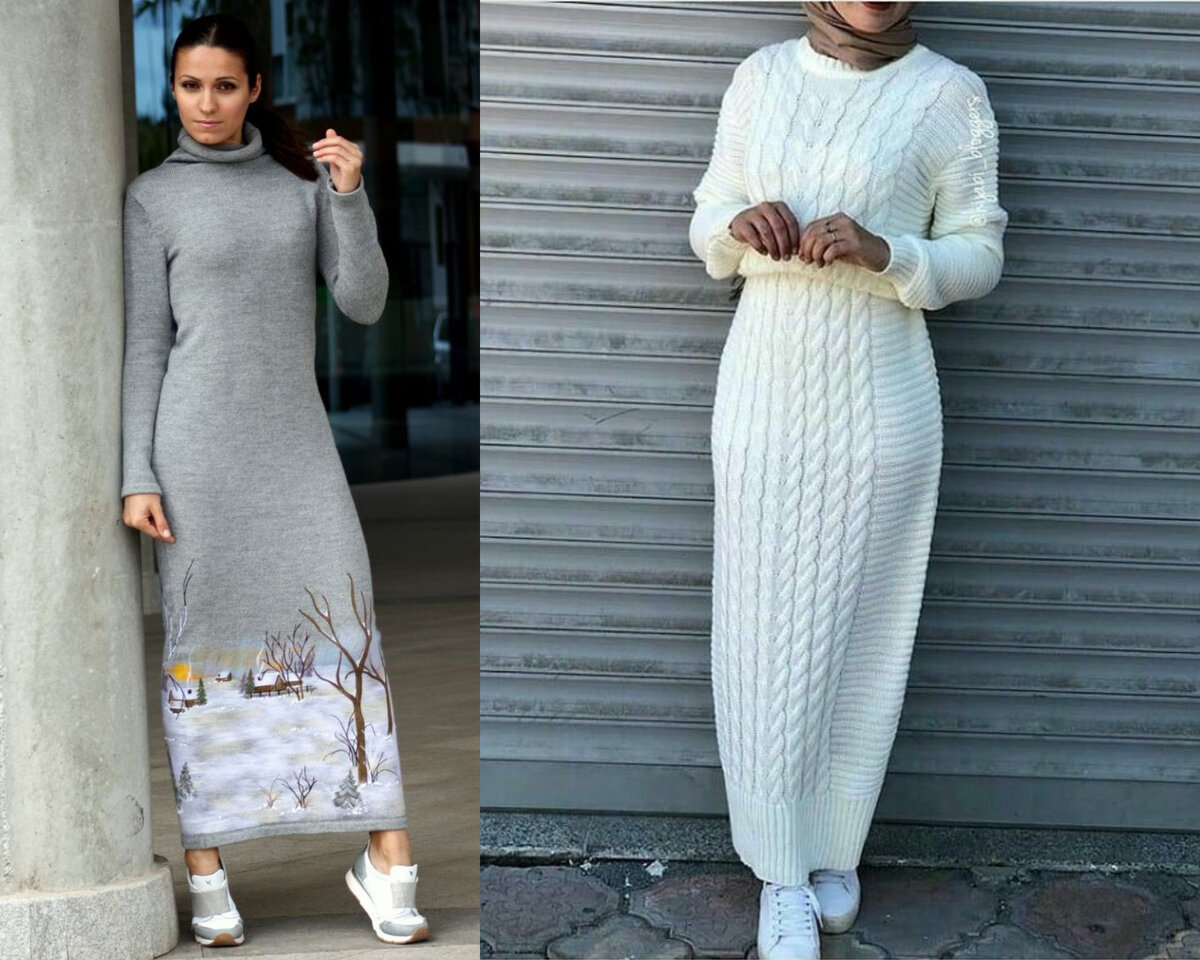 Несуразный рисунок утяжеляет образ, а тонкий трикотаж в облипку портит фигуру. Второй же вариант наоборот украшает, плотная вязка, актуальная длина и ничего лишнего 🤍