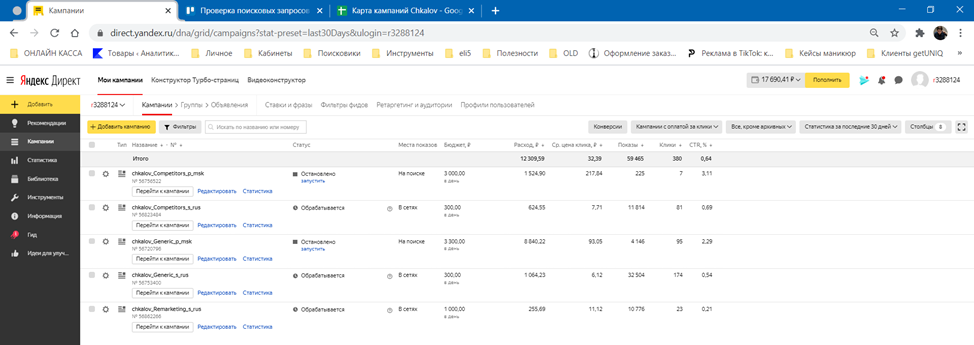 Рис.1 Интерфейс Яндекс Директа
