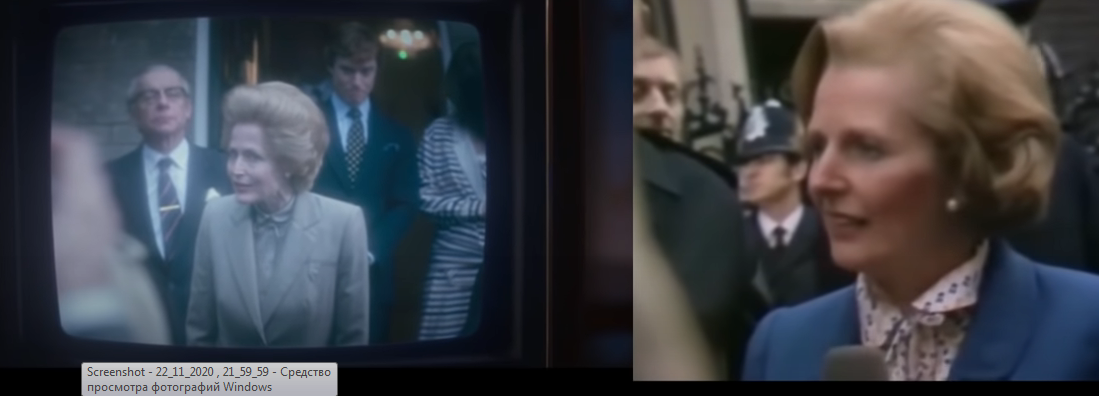 По сюжету королева смотрит встречу Тэтчер по телевизору.