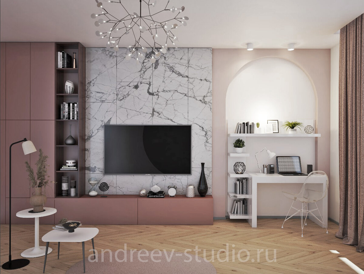 Зона кабинета в гостиной в современной стиле зонирована с помощью модной арки (3д-фото авторов).