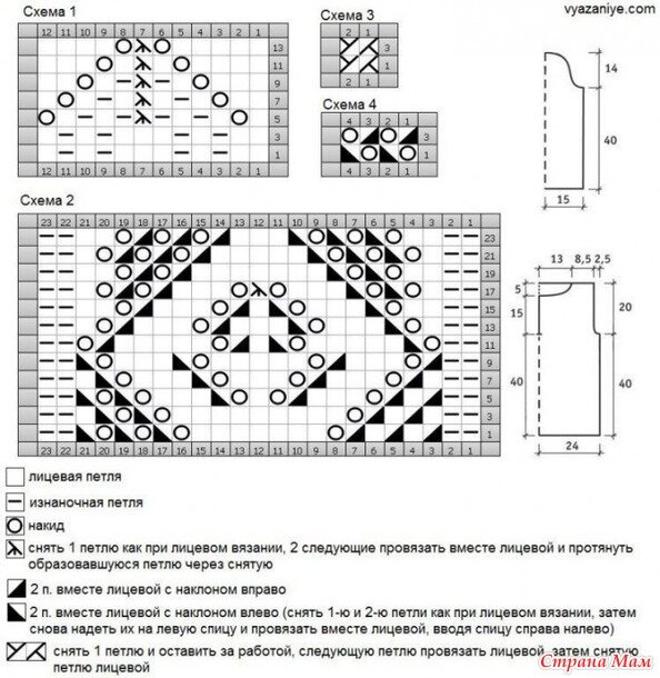 Спинка:
Набрать 98 п. и связать 14 рядов узором для каймы ( 8 х раппорт из 12 п. + 2 кром.).
Продолжить след. образом: кром., 24 п. лицевой глади, 23 п. ажурным узором, 2 п. коса, 23 п. ажурным узором, 24 п. лицевой глади, кром.
На высоте 40 см от начала для пройм закрыть с обеих сторон по 3 п. и в каждом 2-м ряду 2 раза по 1 п. = 88 п.
На высоте 60 см от начала закрыть все петли.

Перед:
аналогично спинке, но для разреза горловины на высоте 40 см от начала работу разделить и обе стороны закончить раздельно
На высоте 55 см от начала для закругления выреза горловины закрыть с внутренней стороны 16 п. и в каждом 2-м ряду 1 раз 5 п., 1 раз 3 п. и 2 раза по 1 п.
На высоте 60 см от начала закрыть 18 п. плеча.

Рукав:
Набрать 62 п. и вязать сетчатым узором.
На высоте 40 см от начала для оката закрыть с обеих сторон по 3 п. и в каждом 2-м ряду 2 раза по 2 п., 8 раз по 1 п., 2 раза по 2 п., 2 раза по 3 п. и 1 раз оставшиеся 12 п.

Второй рукав вязать аналогично.

Сборка:
Выполнить плечевые швы.
Для капюшона по краю выреза горловины равномерно набрать петли и связать 28 см сетчатым узором
Затем капюшон сложить пополам и соединить петли обеих половинок «петля в петлю».
Выполнить боковые швы, втачать рукава.
По низу рукавов для манжеты связать 5 см крючком ст. б/н, присборяя в 1-м ряду край.
Для завязок от углов разреза переда крючком на цепочке из возд. п. связать 1 ряд ст. б/н, на концы надеть бусины и закрепить узелком.

https://www.diyideas.ru/21705-azhurnyi-pulover-s-kapyushonom.htmlМодель Инны Тищенко
Размер 46-48.

Потребуется:
500 г пряжи (50% вискоза, 50% полиакрил; 100 г/300 м) или аналогичная;
спицы и круговые спицы №4;
крючок №3,5;
2 декоративные бусины.
Лиц. гладь: лиц. р. - лиц. п., изн. р. - изн. п.

Узор для каймы:
вязать согласно схеме 1, на которой приведены только лиц. р.

В изн. р. петли и вязать по рисунку, накиды - изн.
Провязать 1 х с 1-го по 14-й р.

Ажурный узор:
вязать согласно схеме 2, на которой приведены только лиц. р.
В изн. р. петли и вязать по рисунку, накиды - изн.
Повторять с 1-го по 24-й р.

Коса:
вязать согласно схеме 3, на которой приведены только лиц. р.
В изн. р. петли вязать изн.
Повторять 1-й и 2-й р.

Сетчатый узор:
вязать согласно схеме 4, на которой приведены только лиц. р.
В изн. р. все петли и накиды вязать изн.
Повторять с 1-го по 4-й р.

Плотность вязания: 20 п. х 24,5 р. = 10 х 10 см.