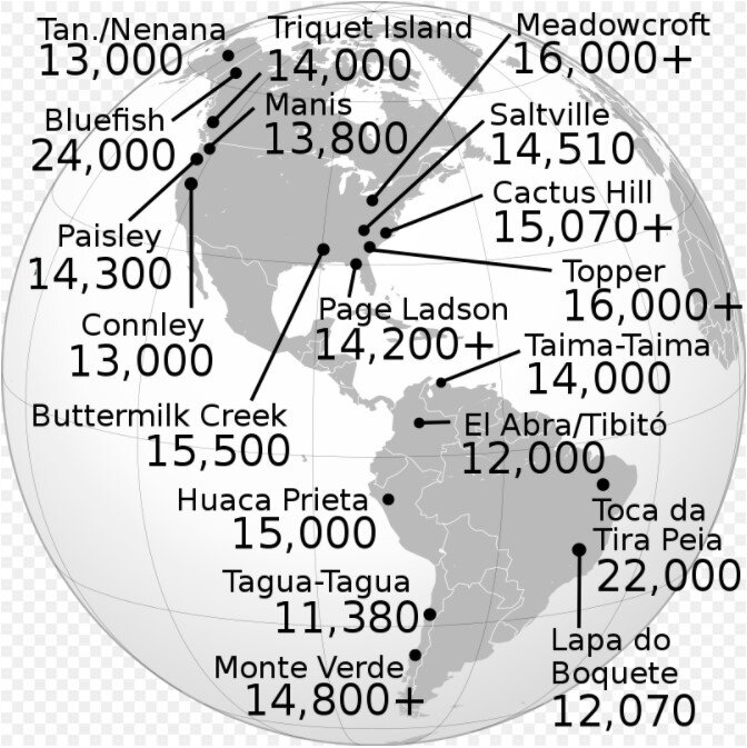 Карта заселения племенами Северной и Южной Америк. Цифры это возраст обнаруженных свидетельств самого раннего присутствия человека.