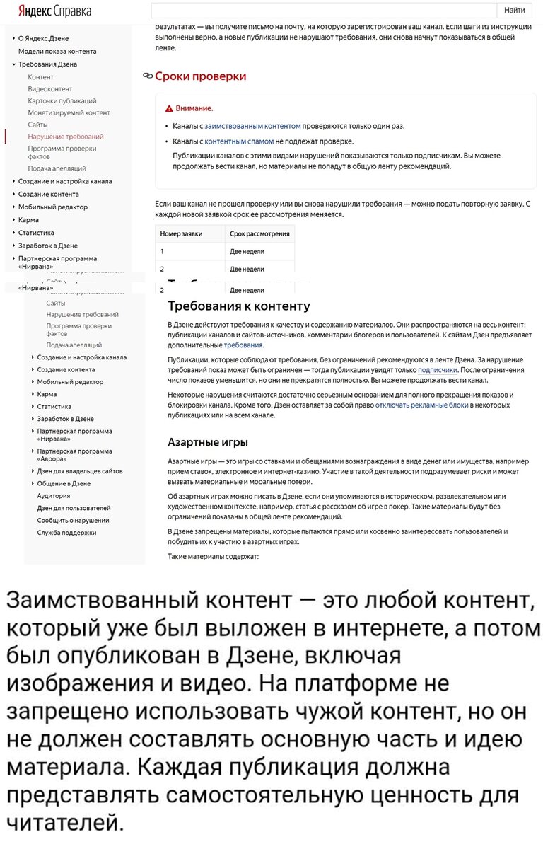 Верхняя картинка: те самые правила, переписыванием, которых занимается ряд работников тех. поддержки. Я обратила внимание на нелогичность. Они написали, что канал может провериться повторно, сразу же, после того как написали, что либо проверка только одна, либо вообще без проверки :) А это значит, что повторных проверок нет. Им бы сначала самим бы в своих правилах  разобраться, а потом людям их переписывать. Нижняя картинка: уникально переписанные правила Дзена некой Ликой, специалистом технической поддержки. 