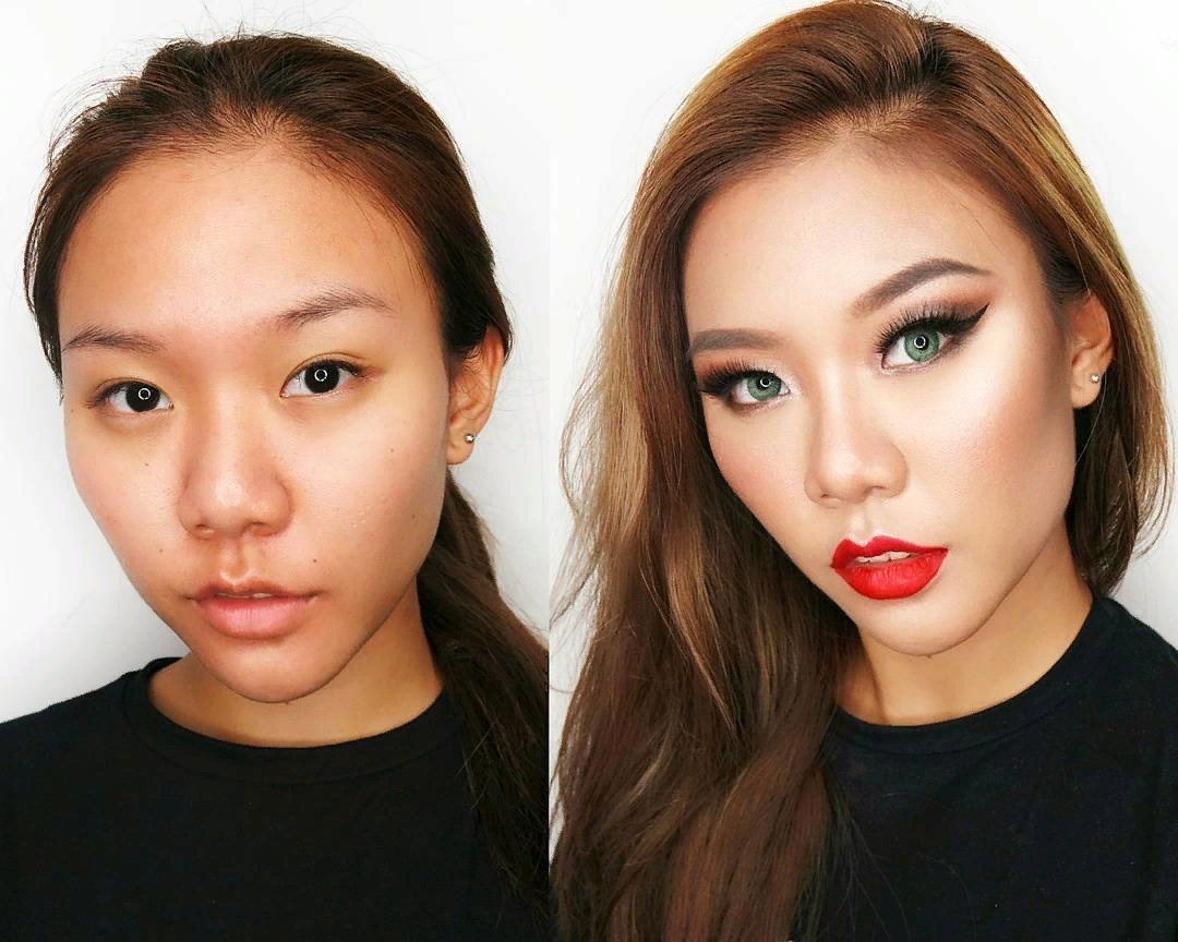 На какую можно быть похожей. Китаянки до и после макияжа. Макияж азиатских девушек. Макияж до и после. Девушка без макияжа.