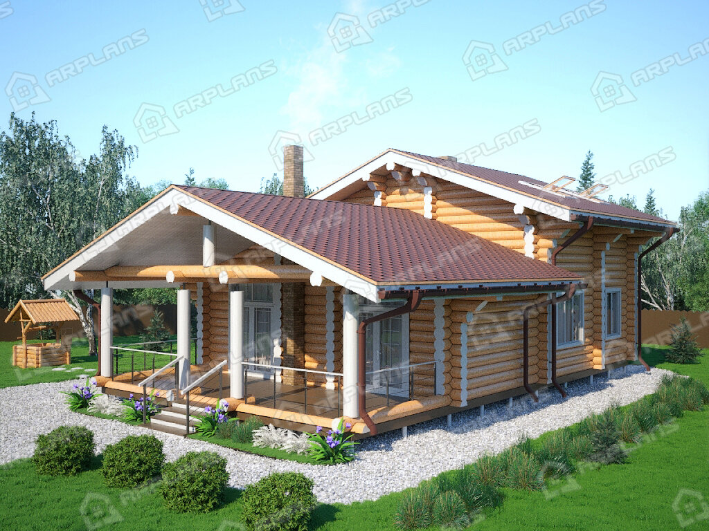 Фото 2 деревянного двухэтажного дома из бревна с мансардой, 2 спальнями, сауной и террасой. Общая площадь 147 кв м. Источник arplans.ru Проект ДО-046 