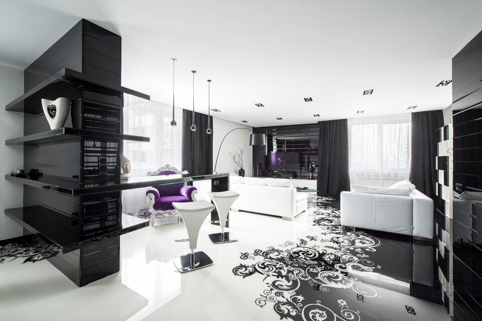 20 современных интерьеров гостиной в чёрно-белом цвете
