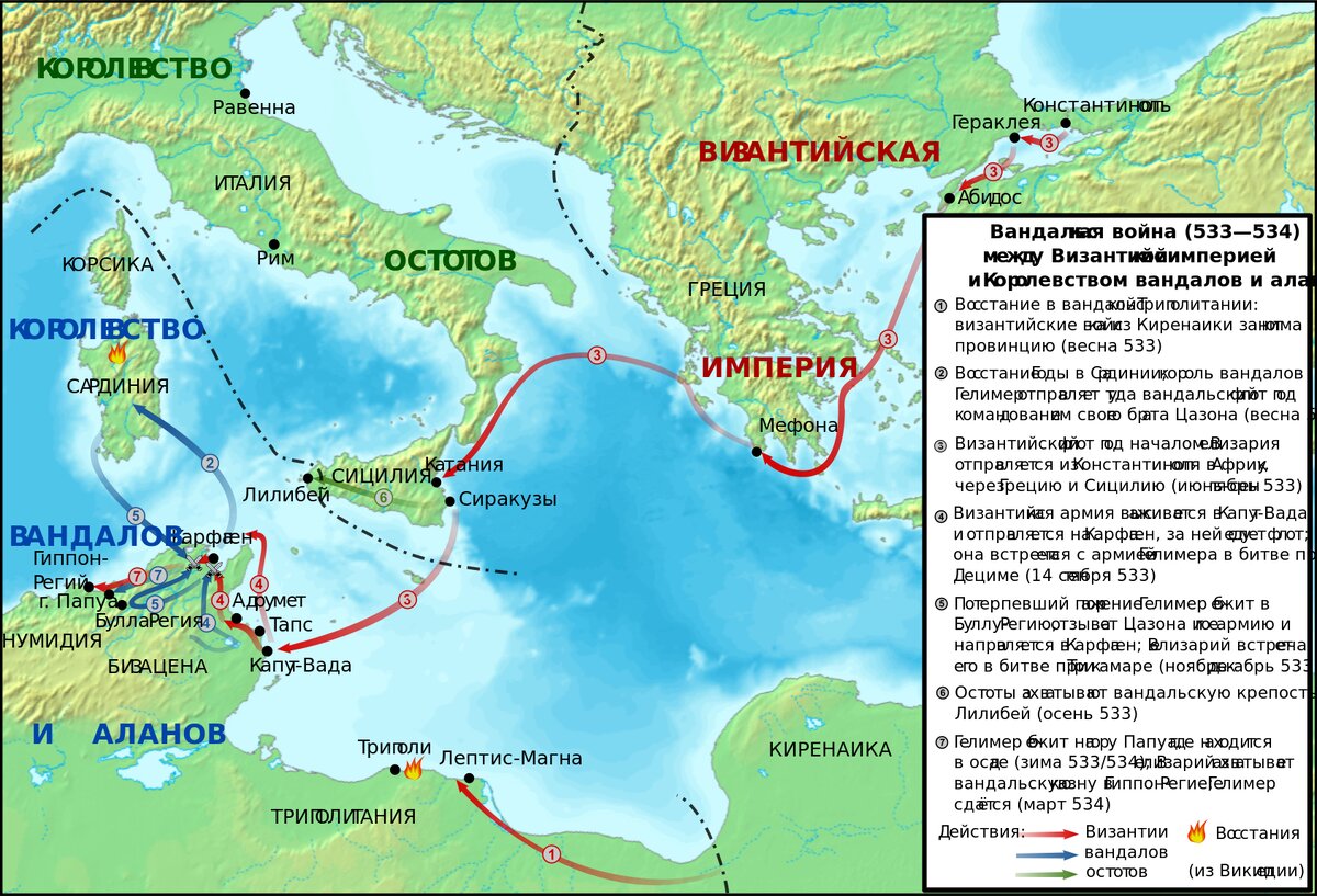 Вандальская война - стандартная кампания для Велизария. Меньше чем за 2 года Королевство вандалов и аланов было уничтожено. Его столица - древний Карфаген - перешла под власть Басилевса. Фактически же византийцы в результате этой победы установили контроль над всей Северной Африкой - до Атлантики. Вандалы же были депотированы на восток Византии, где со временем без остатка растворились в местном населении.
