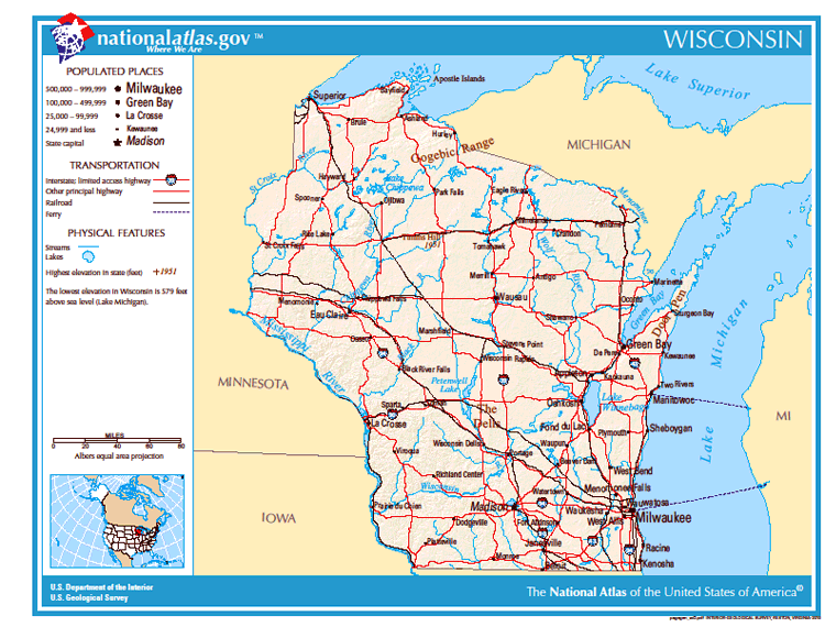 Висконсин штат карта