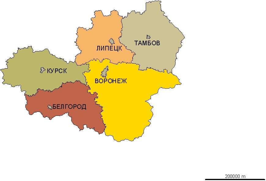 Карта центрального черноземья с областями и городами