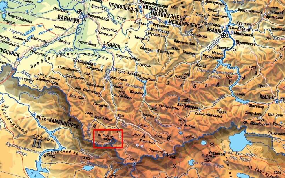 В какой части страны находится горы алтая. Алтай гора Белуха на карте России. Алтайские горы на карте гора Белуха. Гора Белуха на карте России физической. Горная вершина Белуха на карте России.