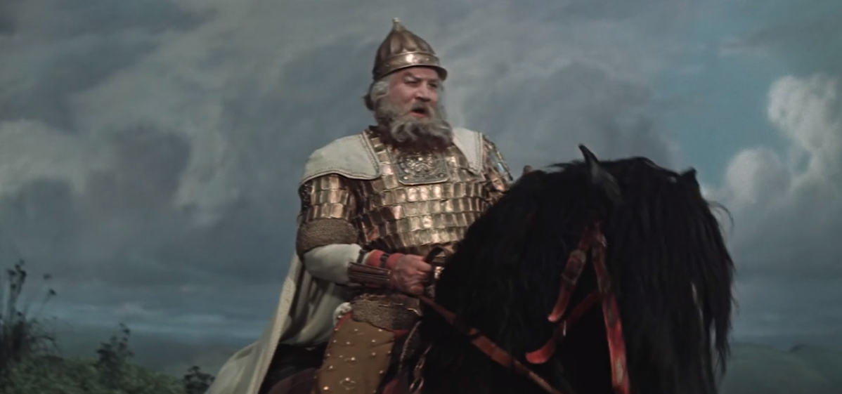 Борис Андреев в роли Ильи Муромца. Кадр из кинофильма "Илья Муромец", 1956 г, режиссеры Александр Птушко, Дамир Вятич-Бережных, сценарист Михаил Кочнев, композитор Игорь Морозов (скриншот)
