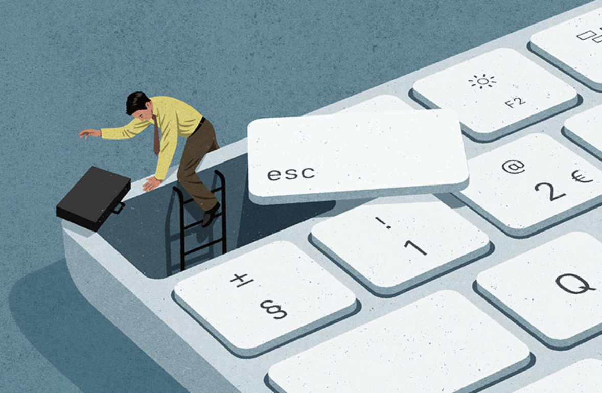 An office worker escaping his mundane office job for a more challenging career. Illustrated by John Holcroft. 