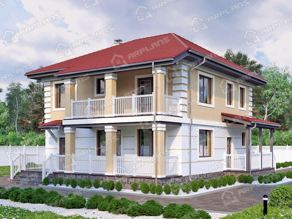 Фото 1 двухэтажного дома из газобетона с 3 спальнями, балконом, террасой и газовой котельной.140 кв м. Источник arplans.ru Проект К-073