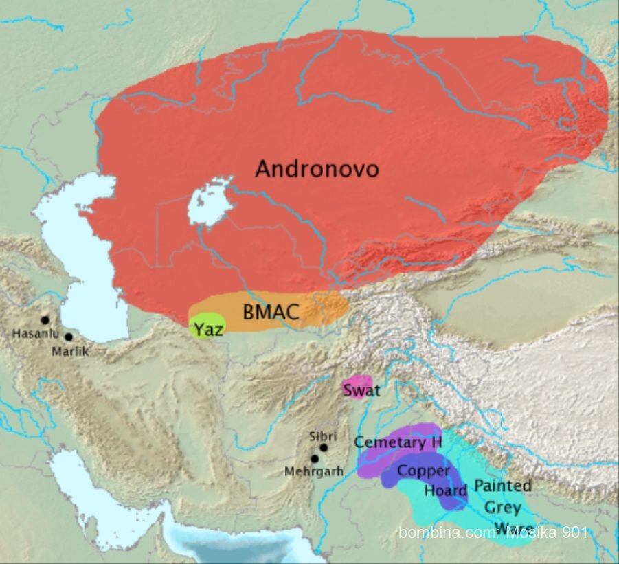 Бактрийско-Маргианская цивилизация - оранжевым, андроновцы-индоарии - красным, индские полисы - оттенки фиолетового и синего