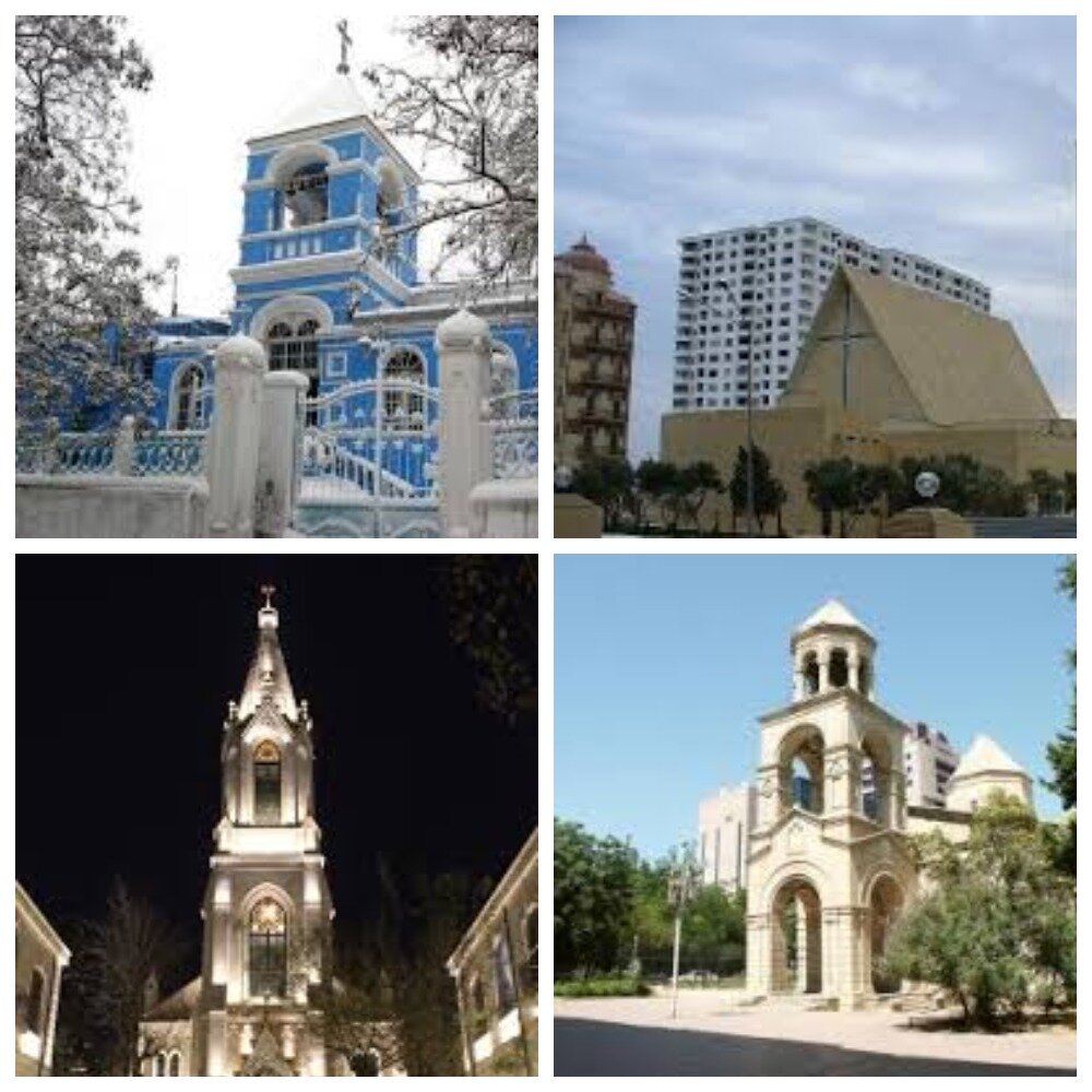 Православная (1), католическая(2),протестантская(3), армянская (4) церкви в Баку!