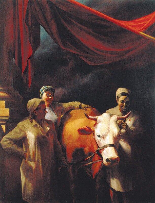 Виталий Комар и Александр Меламид. Колхозники с премированным быком, 1981—82 Из серии «Ностальгический соцреализм». Холст, масло, 183 × 140
Из частной коллекции, Нью-Йорк