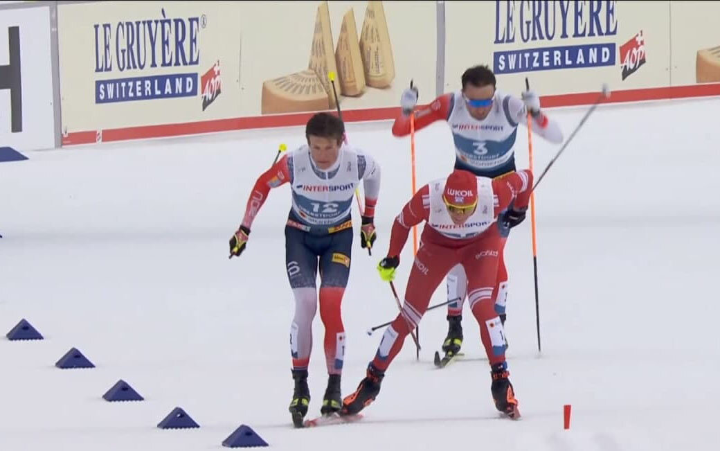 Александр Большунов, Йоханнес Клебо, Эмиль Иверсен на финише марафона