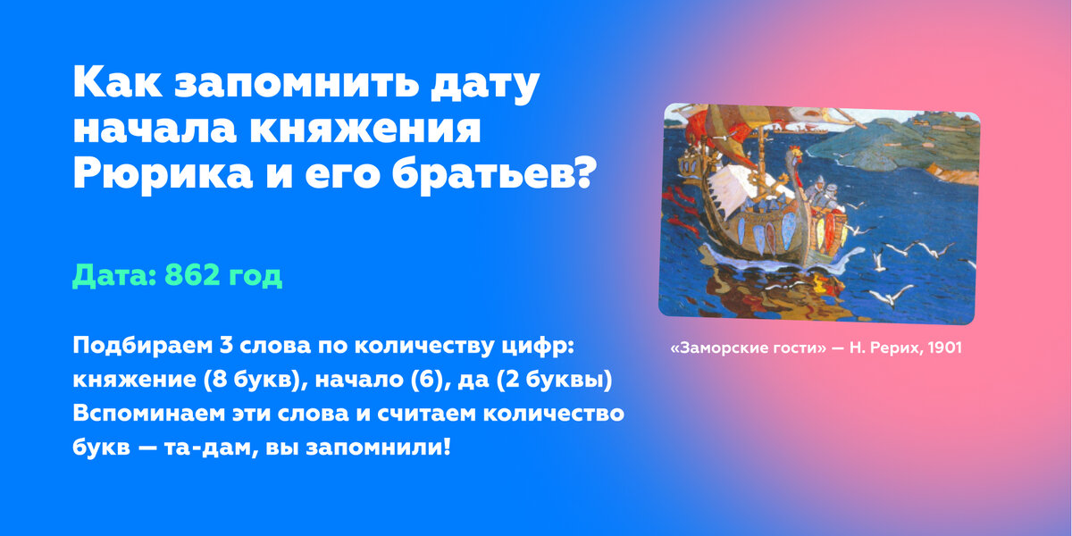 Система Шед. Как запомнить дату начала княжения Рюрика и его братьев? «Заморские гости» — Н. Рерих, 1901 