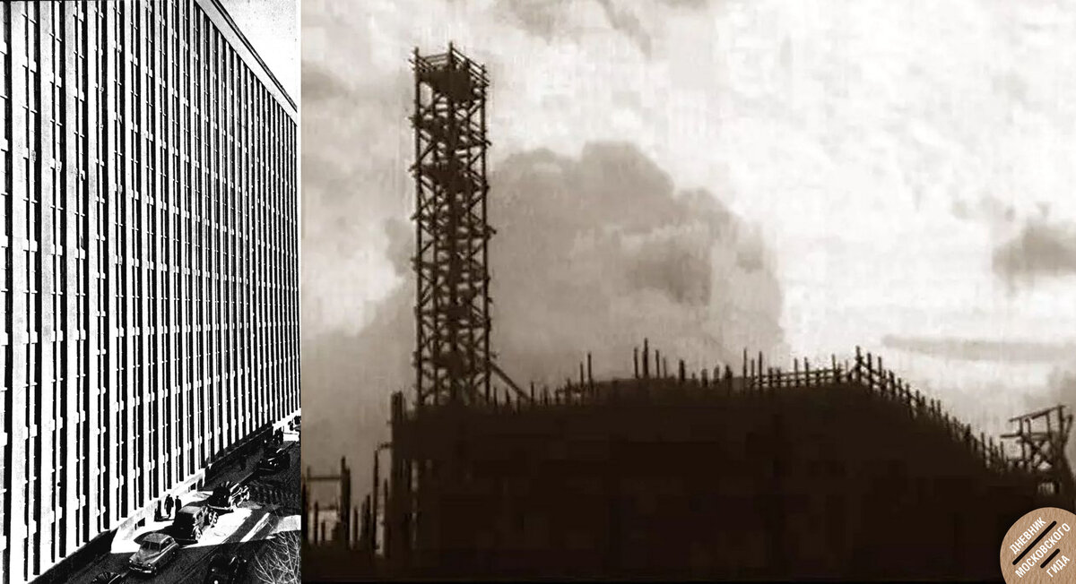 Слева — фото хранилища со стороны улицы Маркса и Энгельса (ныне Староваганьковский пер.) в середине XX века. Справа — процесс строительства хранилища, кадр кинохроники, 1927 год. Источник: pastvu.com