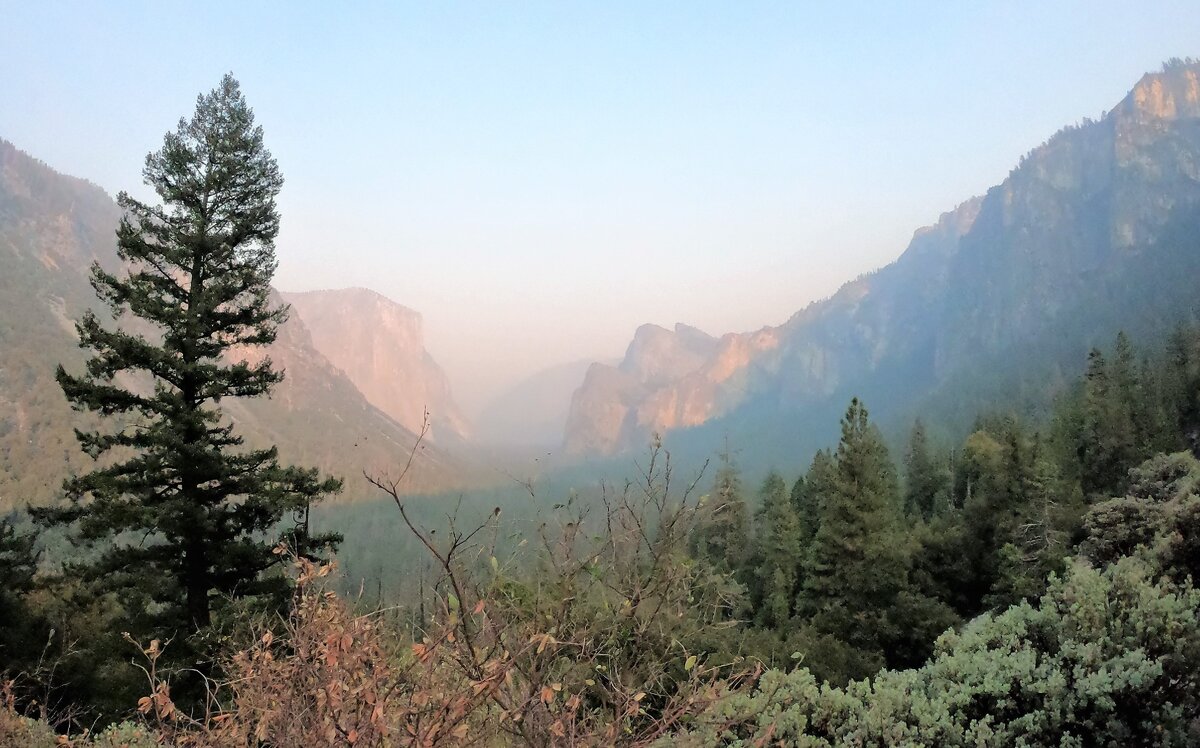 Вид на Yosemite Valley со смотровой площадки Tunnel View. Все в дымке от лесных пожаров, но все равно очень красиво.