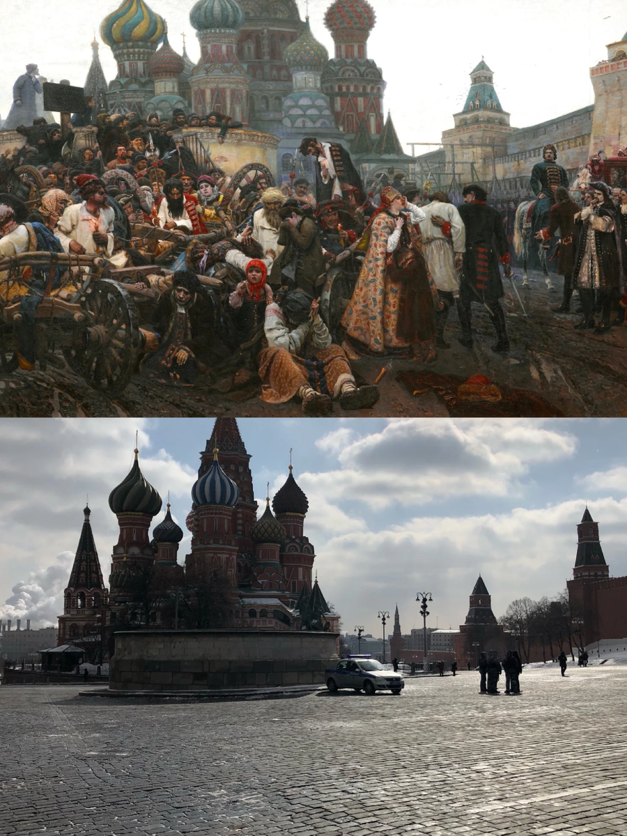 Василий Суриков, "Утро стрелецкой казни". Коллаж: Now&Then Russia