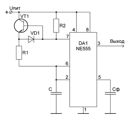 Рис. 1. Генератор на микросхеме NE555. Заряд конденсатора С через транзистор VT1 и резистор R1, а разряд через резистор R1 и диод VD1.