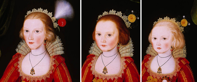 "Портрет трёх девочек", последователь Уильяма Ларкина, ок. 1620. (с) Из коллекции Денверского музея. Детали.