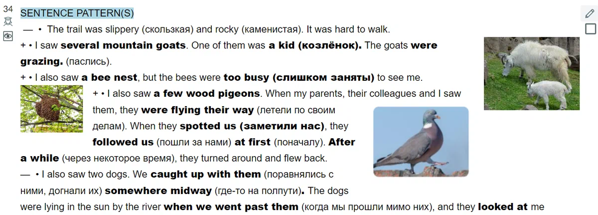 Фрагмент конспекта урока в ELN Classrooms. Опечатки и ляпы в процессе неизбежны, но их можно поправить потом, в том числе и через месяц-другой, если сразу не заметились - важно наличие самого конспекта и то, что не нужно после урока изыскивать 1-2 часа, чтобы всё пересмотреть или переслушать заново - конспект позволяет всё повторить за 5-15 минут. 