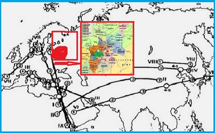 Исторически первичный ареал обитания русского этноса на карте пассионарных толчков. (Л.Н.Гумилев)