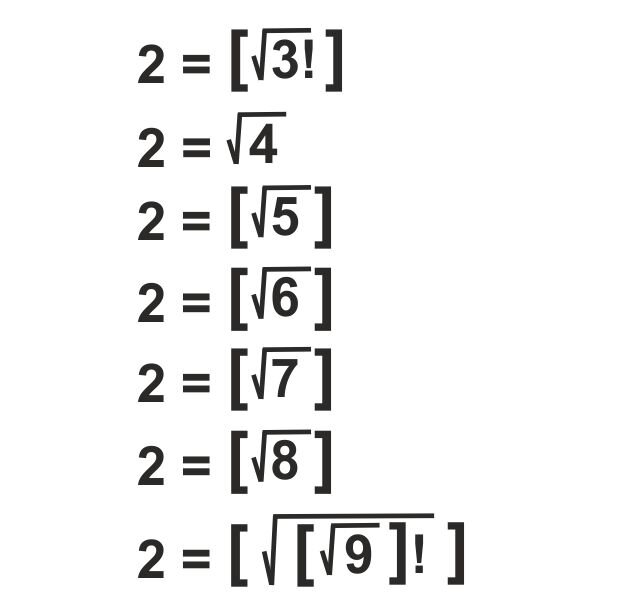 Выразить каждое из натуральных чисел от 1 до 100, используя любые математические операции и только четыре двойки: 2 2 2 2