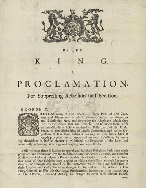 Прокламация короля о подавлении восстания и мятежа, 23 августа 1775 г. Национальный архив, отчеты Континентальных конгрессов и конгрессов Конфедерации и Конституционного собрания.