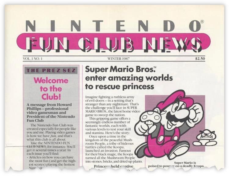 Начало первой страницы (и обложки) первого выпуска Nintendo Fun Club News (зима 1987)