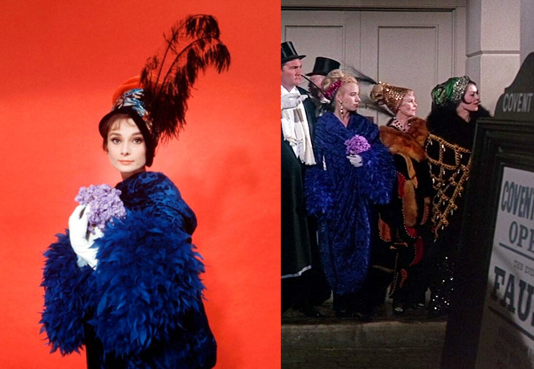 фотография Хепберн в специально организованной для нее фотосессии в костюмах и кадр из фильма "Моя прекрасная леди"