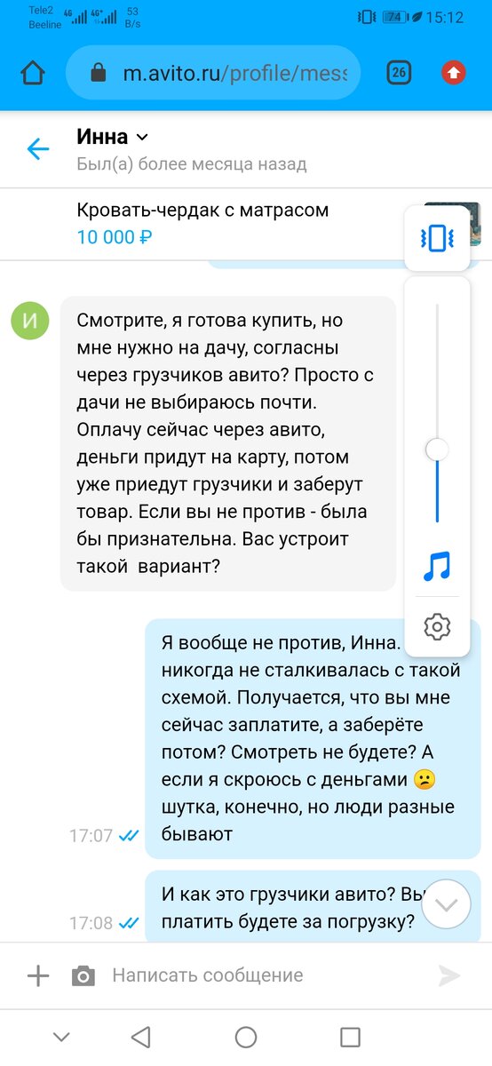 Скриншот переписки с мошенницей на Авито