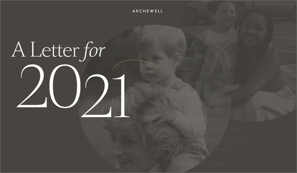 Главная страница сайта Archewell (скриншот от 31.12.2020 г.). На архивных снимках «подложки» — маленький Гарри с принцессой Дианой и маленькая Меган с Дорией Рэгланд