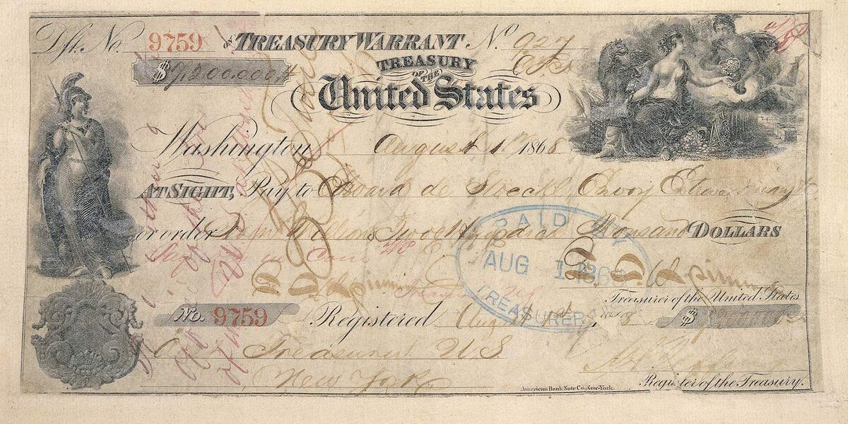 Чек на 7,2 млн долларов США, предъявленный для оплаты покупки Аляски 
