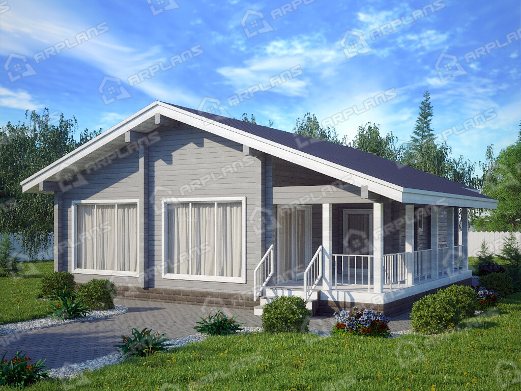 Фото 1 одноэтажного дома из бруса с 2 спальнями и террасой. 100 кв м. Источник arplans.ru Проект ДС-087