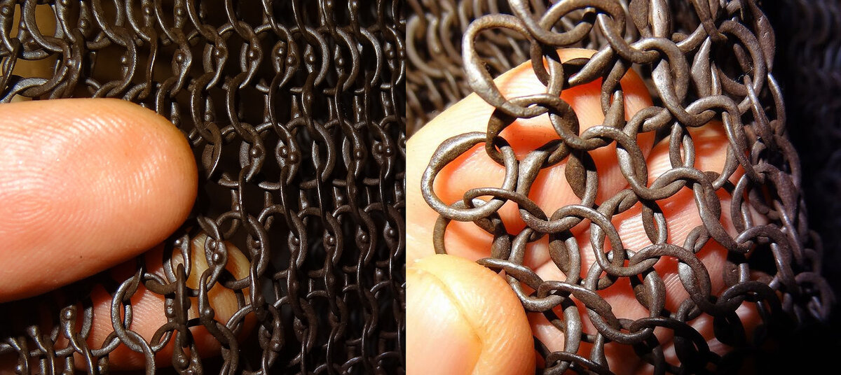 Кольчуга XVI века. Кольца заклёпаны, показаны обе стороны плетения «4 в 1», когда каждое кольцо сцеплено с четырьмя соседними 