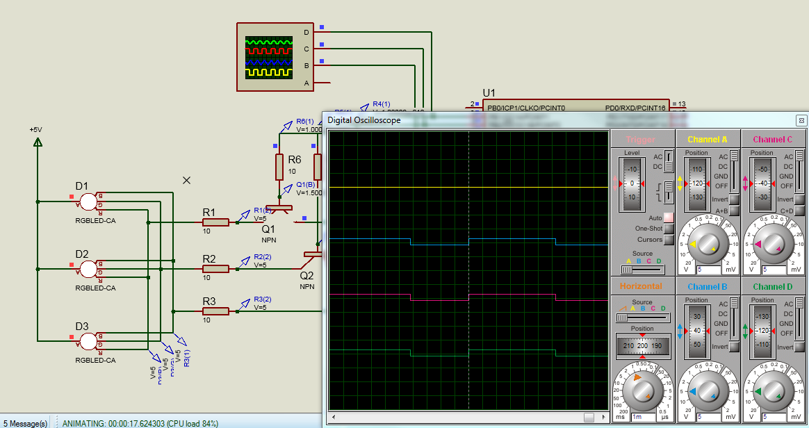 Схема в действие, 3 канала ШИМ на виртуальном осциллографе 