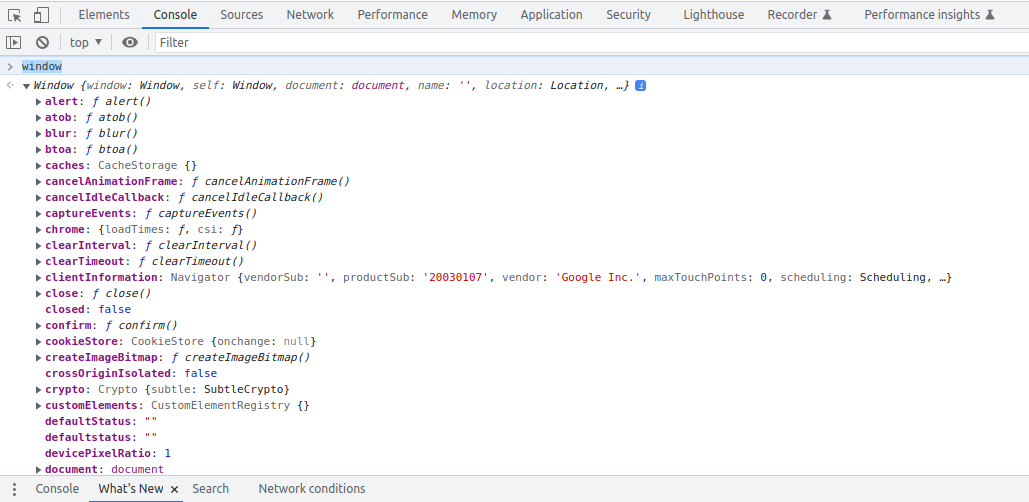 Открытый в консоли объект window