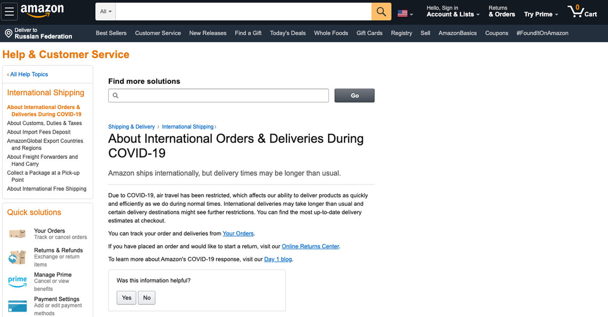 Информация о международной доставке в связи с COVID-19 на Amazon